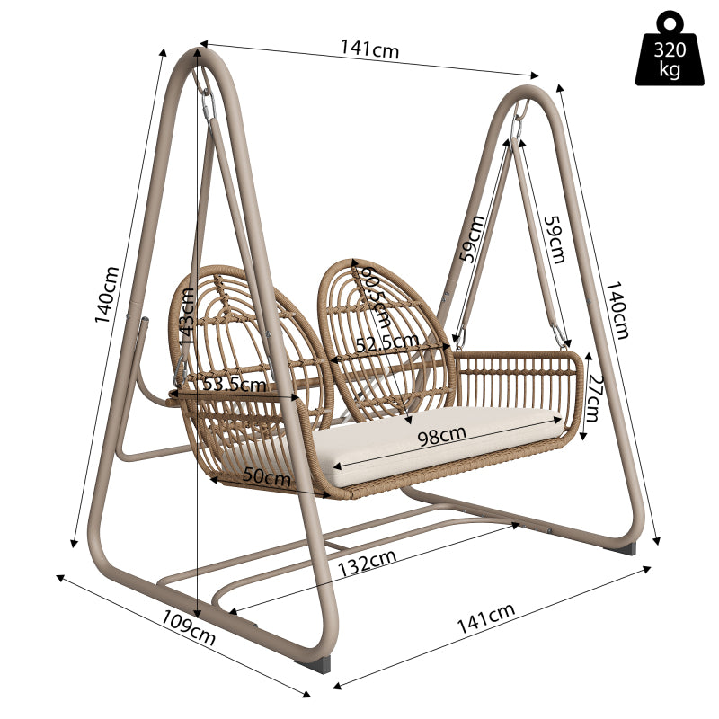 Gartenschaukel, Hollywoodschaukel mit Rückenlehne, Gartenmöbel-Set für den Außenbereich,Doppelschaukel aus PE-Rattan, 2 Sitze, Brauner Sitzrahmen und beiges Kissen