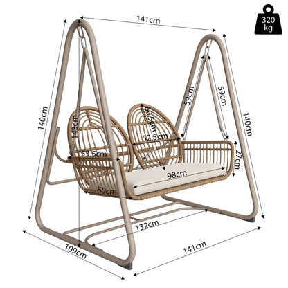 Gartenschaukel, Hollywoodschaukel mit Rückenlehne, Gartenmöbel-Set für den Außenbereich,Doppelschaukel aus PE-Rattan, 2 Sitze, Brauner Sitzrahmen und beiges Kissen