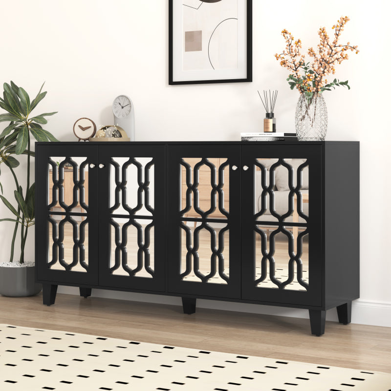 Schwarz verspiegelte Anrichte mit kühlen Kristallgriffen, Vier Türen, mit beweglichem Laminat.für Wohn- und Esszimmer, 160 x 40 x 84cm