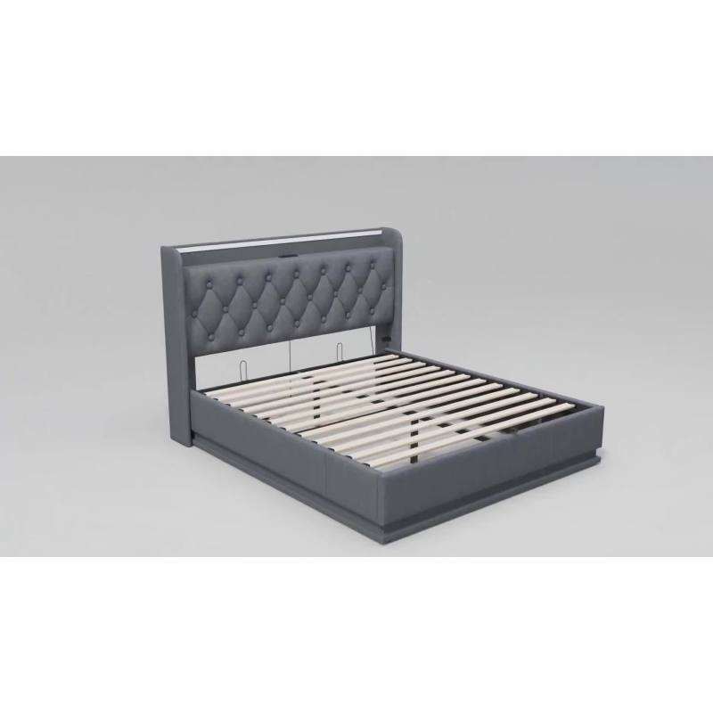 Polsterbett Doppelbett, 360-Surround-LED-Funktion, Drucktaste/App/Fernbedienung, 180*200 cm, weiß PU-Material Hydraulisches Lagerbett, gepolstertes Kopfteil mit USB Typ-C Ladefunktion (Ohne Matratze)
