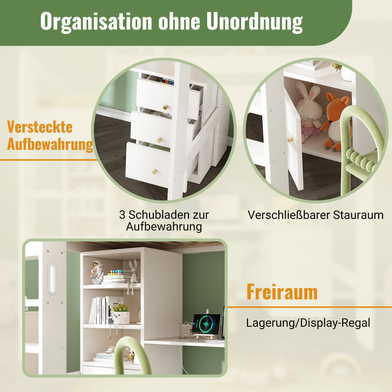 Kinderbett Hochbett mit USB-C Schreibtisch, Kleiderschrank und Aktenschrank, Jugendbett  Einzelbett mit Treppe und Lattenrost, Stauraum,90×200, Ohne Matratze