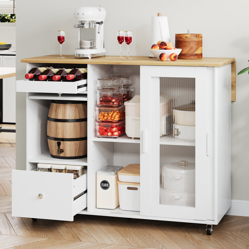 112×46(69)×91cm, klappbarer Kücheninselwagen, Eichenholzfurnier, Weinregal, Schubladen, großer Kücheninselwagen mit Schiebetüren aus gehärtetem Glas und verstellbaren Einlegeböden, mobiler Inselwagen