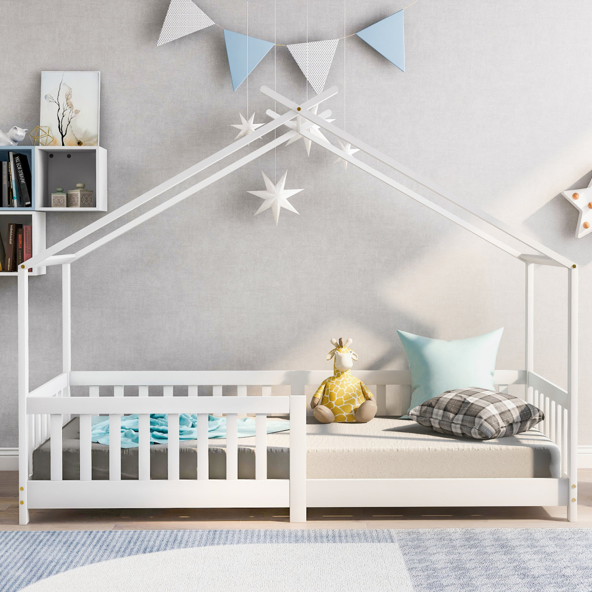 Hausbett 90x200 Weiß, Kinderbett mit Rausfallschutz & Lattenrost, Abenteuerbett Kiefer Massivholz