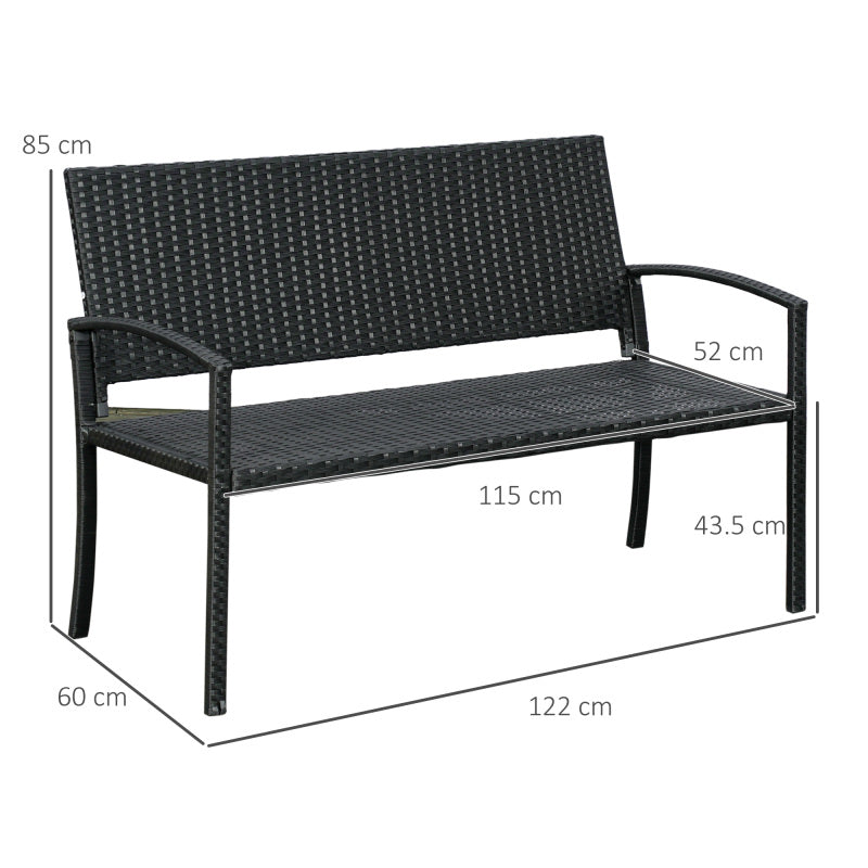 Polyrattan Gartenbank 2-Sitzer Parkbank mit Stahlgestell und Geflecht Schwarz B122 x T60 x H87cm für Garten & Terrasse