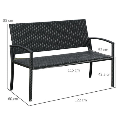 Polyrattan Gartenbank 2-Sitzer Parkbank mit Stahlgestell und Geflecht Schwarz B122 x T60 x H87cm für Garten & Terrasse
