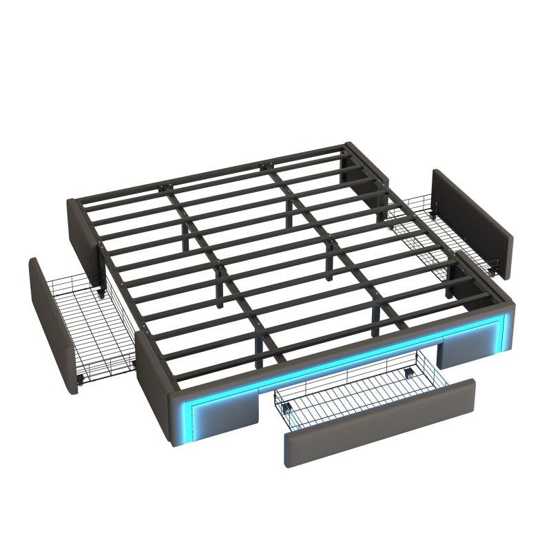 Bettgestell 180X200 mit Schubladen, PU-Leder Bett ohne Kopfteil Mit LED-Lichtleiste, MetalllattenPlattformbett für moderne Schlafzimmer Grau