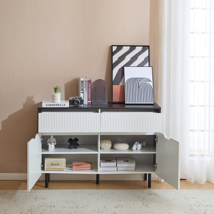 Aufbewahrungsschrank 120cm mit geriffelten Schubladen, schwarz-weißes Design, verstellbare Einlegeböden, 2 Türen, Sideboard-Buffet, Schrank-Organisator für Küche, Wohnzimmer, Esszimmer