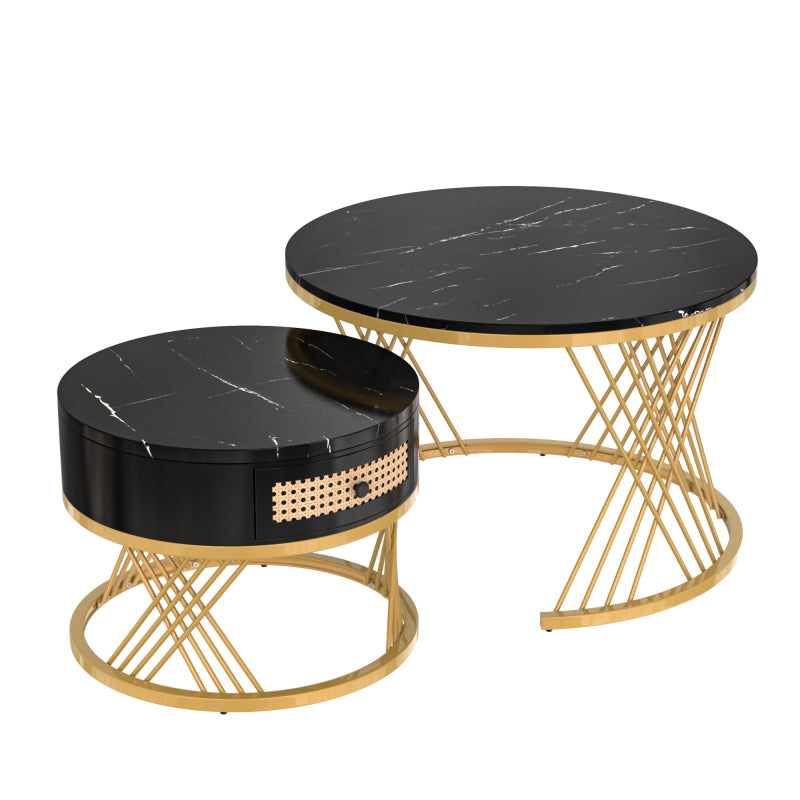 2 in 1 Runder Couchtisch aus MDF, Beistelltisch mit Tischplatte aus Marmor und Schubladen aus Kunststoff-Rattan, Griffe aus Massivholz. goldene Eisenfüße. 70*70*45,5+50*50*38,5cm