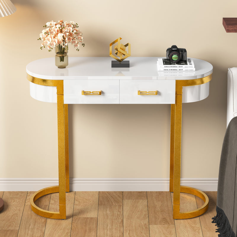 100 x 40 x 76 cm, Moderner und schlichter weißer Hochglanz-Sofa-Beistelltisch, Wohnzimmer-Konsolentisch,  Schreibtisch mit 2 Schubladen, geeignet für Wohnzimmer, Schlafzimmer, Büro, Flur