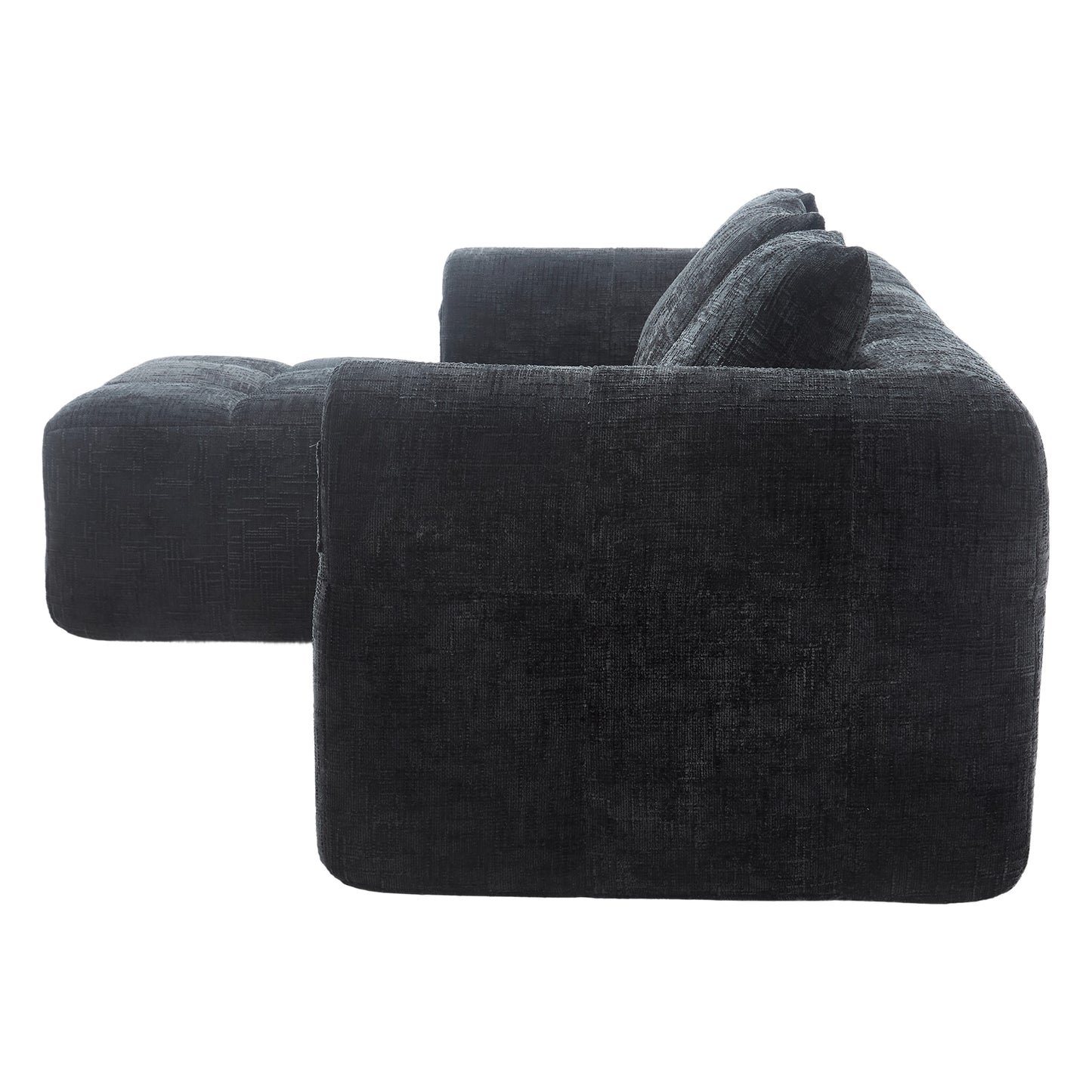 Modernes Sektionssofa, L-Sofa, 3-Sitzer-Sofa, keine Installation erforderlich, Chenille-Sofa mit Chaiselongue und Armlehnen, 3 Kissen, Seitentasche für Fernbedienung, Schwarz