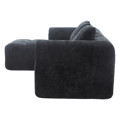 Modernes Sektionssofa, L-Sofa, 3-Sitzer-Sofa, keine Installation erforderlich, Chenille-Sofa mit Chaiselongue und Armlehnen, 3 Kissen, Seitentasche für Fernbedienung, Schwarz