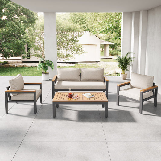 Loungeset, Gartenmöbel-Set mit Rahmen aus verzinktem Stahl, (breites Set, 4-teiliges Esstisch-Set, 1x 2-Sitzer-Sofa, 2x Einzelstühle, 1x Tisch), Akazienholz Tischplatte und Armlehnen,Beige