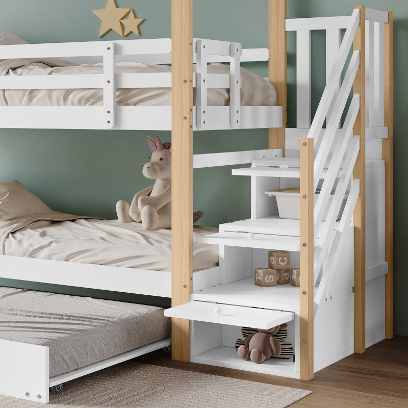 Etagenbett, Ausziehbares Baumhausbett, Schiebebett, Treppe mit 3 Schubladen, Kinderbett mit Absturzsicherung und Kinderbettgitter, mit Lattenroste, Natur+Weiß (90x200cm&90x190cm) [30813567NAA]