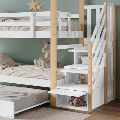 Etagenbett, Ausziehbares Baumhausbett, Schiebebett, Treppe mit 3 Schubladen, Kinderbett mit Absturzsicherung und Kinderbettgitter, mit Lattenroste, Natur+Weiß (90x200cm&90x190cm) [30813567NAA]