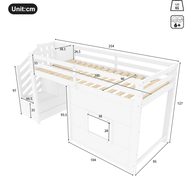 90x200 Hochbett mit Stauraumtreppe und Fenster, Weiß