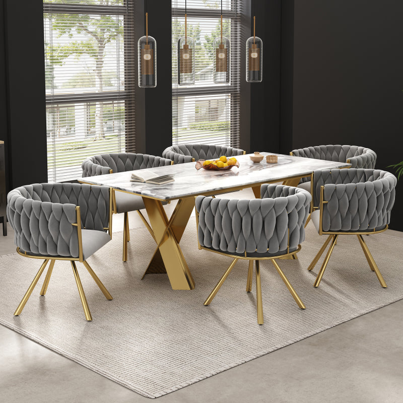 Samt-Esszimmerstuhl, einzelner heller Luxus-Wohnzimmer-Schlafzimmer-Drehstuhl, Freizeit-Drehstuhl mit vier Stützbeinen aus Metall,Grau und Gold