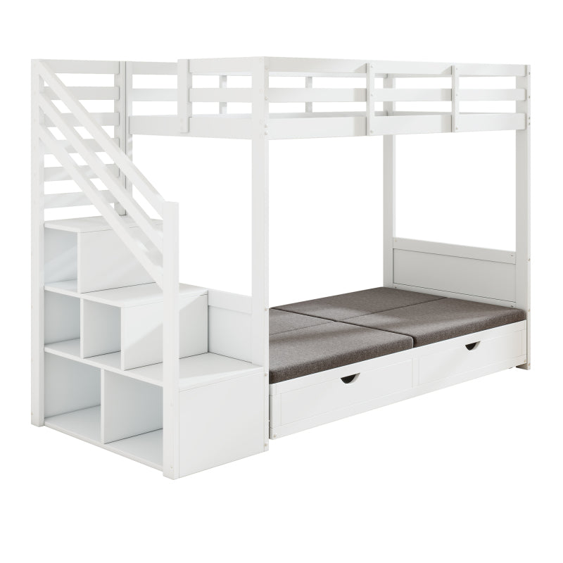 Kinder-Etagenbett, Doppelbett, multifunktionales Kinderbett,Mit Treppenschrank und 2 Schubladen, ohne Matratze, Die untere Ebene als Bett oder Sofa genutzt und enthält Kissen , weiß, 90*200