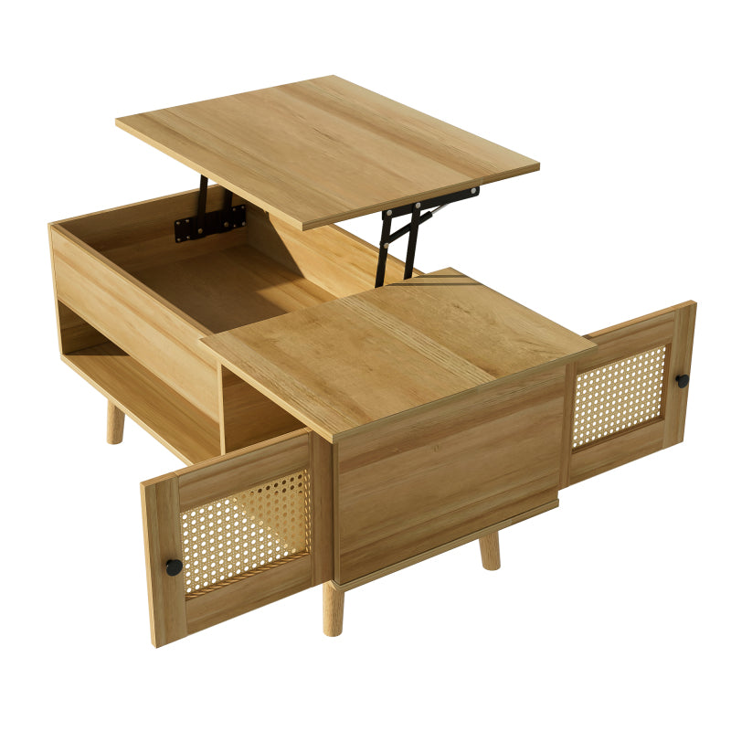 Eleganter Couchtisch mit anhebbarer Tischplatte und Rattan-Türen, Holzfarbe mit schwarzen Akzenten, ideal für das Wohnzimmer – Praktischer Stauraum und funktionales Design