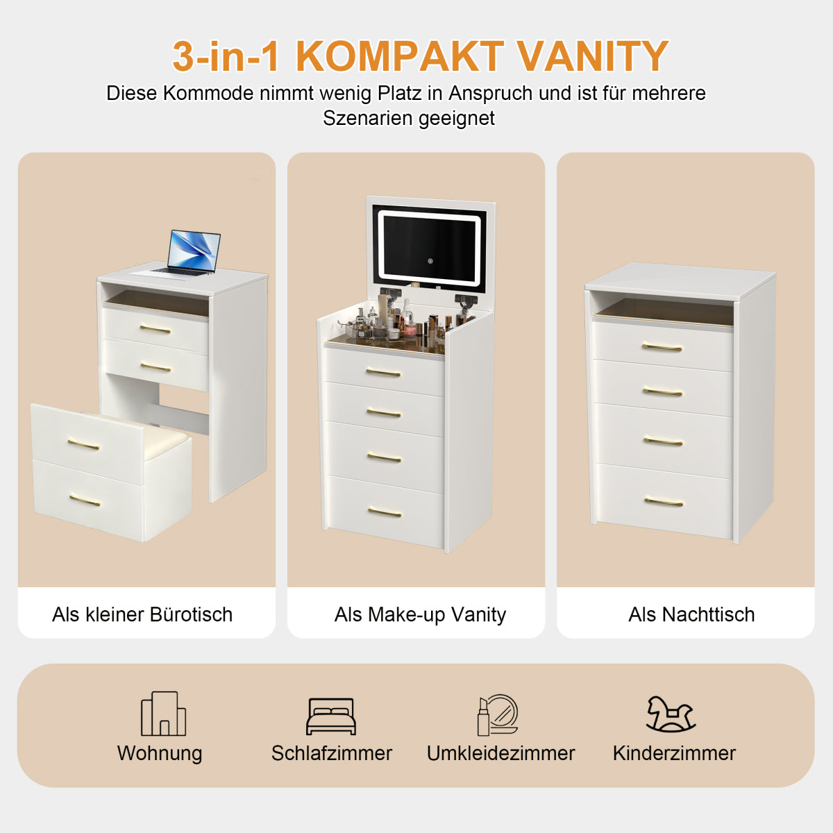 3-in-1-Schminktisch mit Klappspiegel, Glastischplatte, 3 Schubladen, Weiß