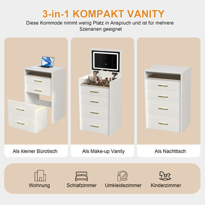 3-in-1-Schminktisch mit Klappspiegel, Glastischplatte, 3 Schubladen, Weiß