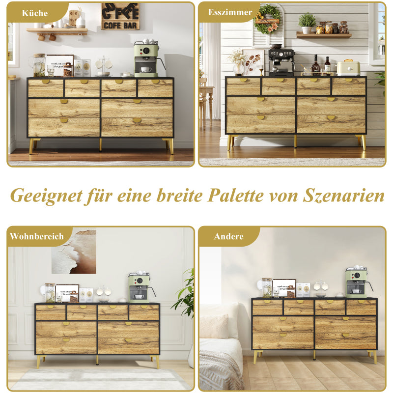 L150*W40*H78cm, Moderne Sideboard mit 8 Schubladen, Schwarz & Holzfarben, Minimalistisches Design, Goldene Metallgriff, Metallfüße, für Wohnzimmer und Esszimmer