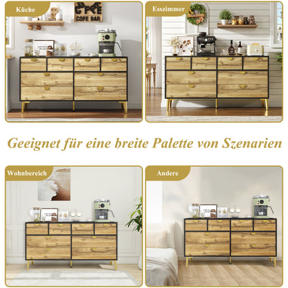 L150*W40*H78cm, Moderne Sideboard mit 8 Schubladen, Schwarz & Holzfarben, Minimalistisches Design, Goldene Metallgriff, Metallfüße, für Wohnzimmer und Esszimmer