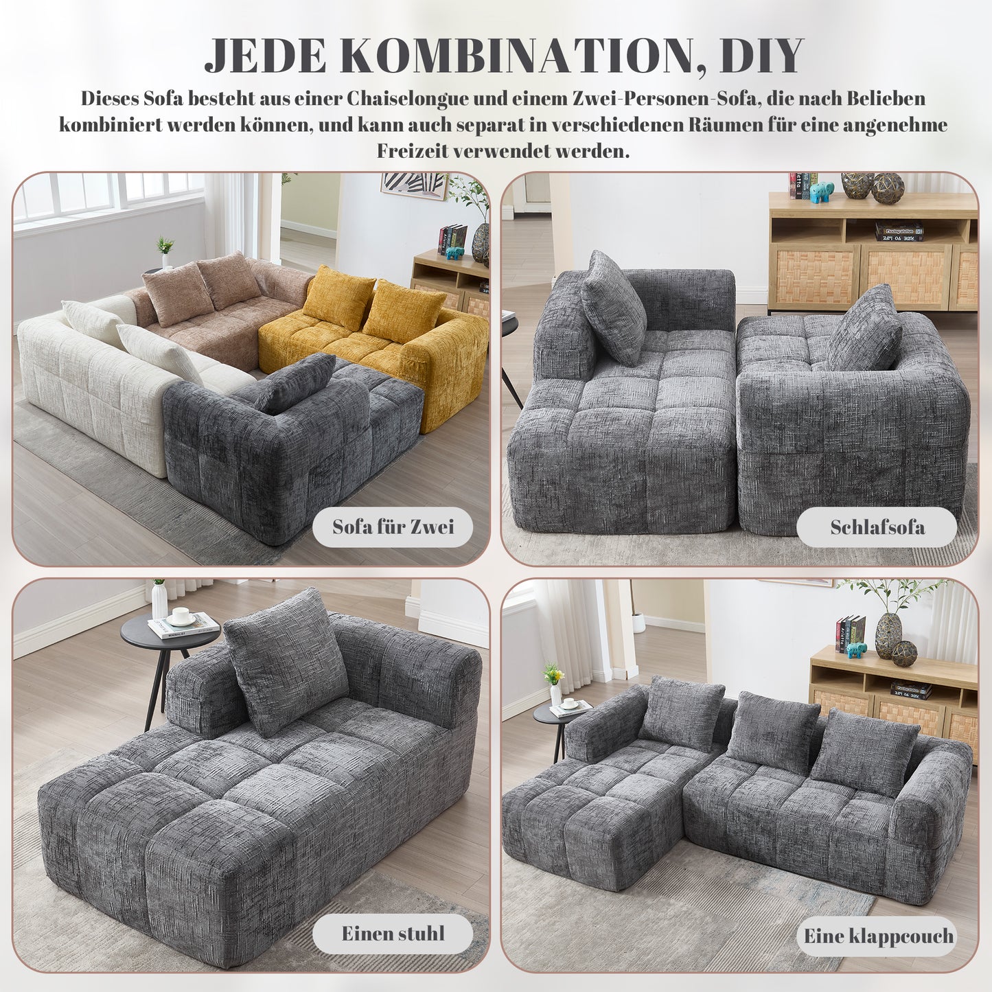 Modernes Sektionssofa, L-Sofa, 3-Sitzer-Sofa, keine Installation erforderlich, Chenille-Sofa mit Chaiselongue und Armlehnen, 3 Kissen, Seitentasche für Fernbedienung, Grau