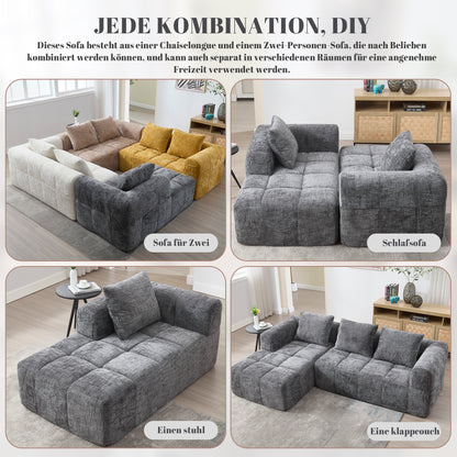 Modernes Sektionssofa, L-Sofa, 3-Sitzer-Sofa, keine Installation erforderlich, Chenille-Sofa mit Chaiselongue und Armlehnen, 3 Kissen, Seitentasche für Fernbedienung, Grau
