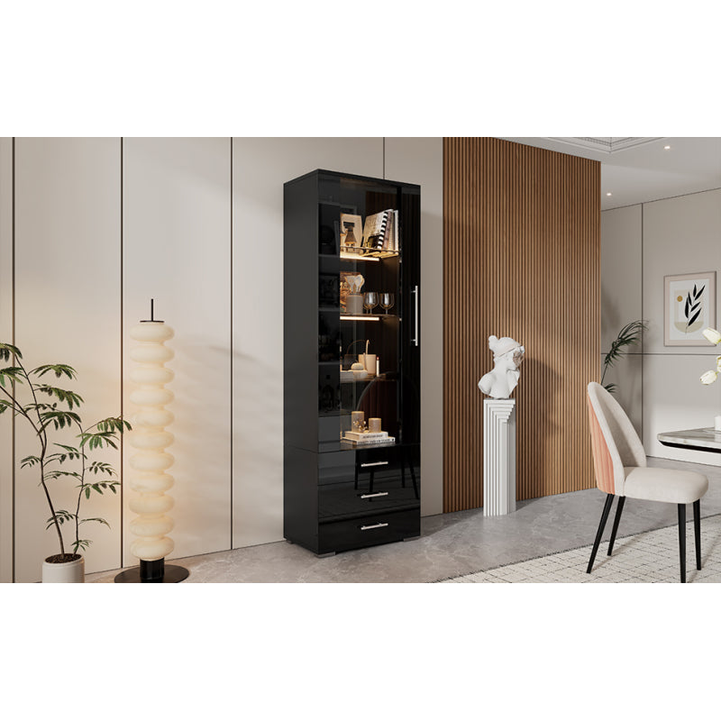 Schwarz Hochglanz Vitrine, Vitrine Glasvitrine , Standvitrine mit LED-Beleuchtung, Vertikale Vitrine mit 3 Schubladen, 60*35*180cm
