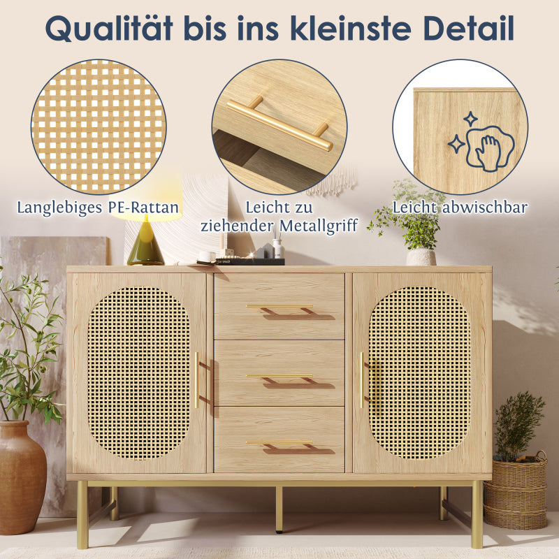 Rattan kommode mit 3-Schubladen und 2-Rattan-Türer,kommode schrank, Schminktisch, für Schlafzimmer und Wohnzimmer, Verstellbare Regale, Kippschutz, 120 x 40 x 74 cm, Sonoma Eiche