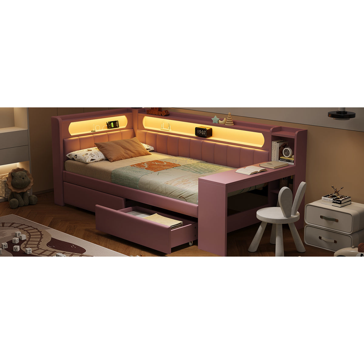 Daybed 90x200, Rosa, USB, LED-Beleuchtung, Schreibtisch & 2 Schubladen