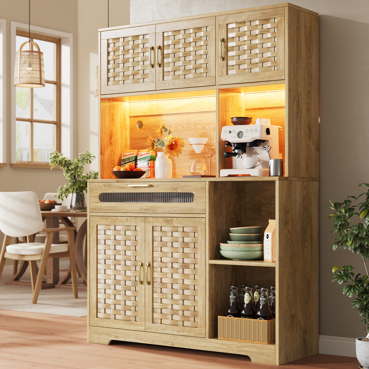 Hochschrank 120x40x180cm Vitrine mit LED-App-Steuerung & Musikmodus, Küchenschrank Natur Holzoptik, MDF-Geflecht & Glastüren