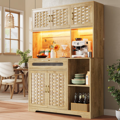 Hochschrank 120x40x180cm Vitrine mit LED-App-Steuerung & Musikmodus, Küchenschrank Natur Holzoptik, MDF-Geflecht & Glastüren