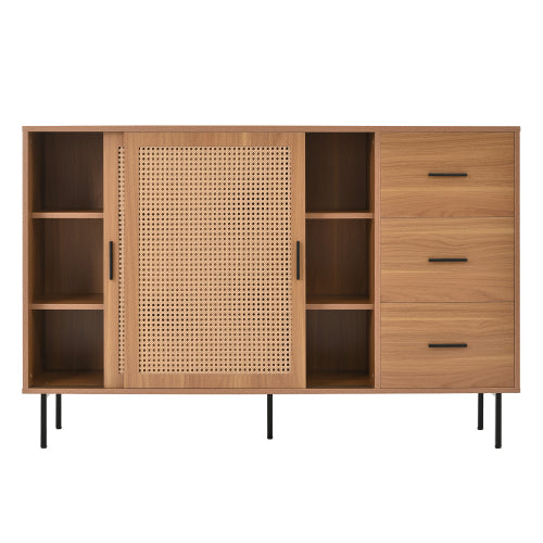 Sideboard 140 cm Natur, Kommode mit Rattan-Schiebetüren