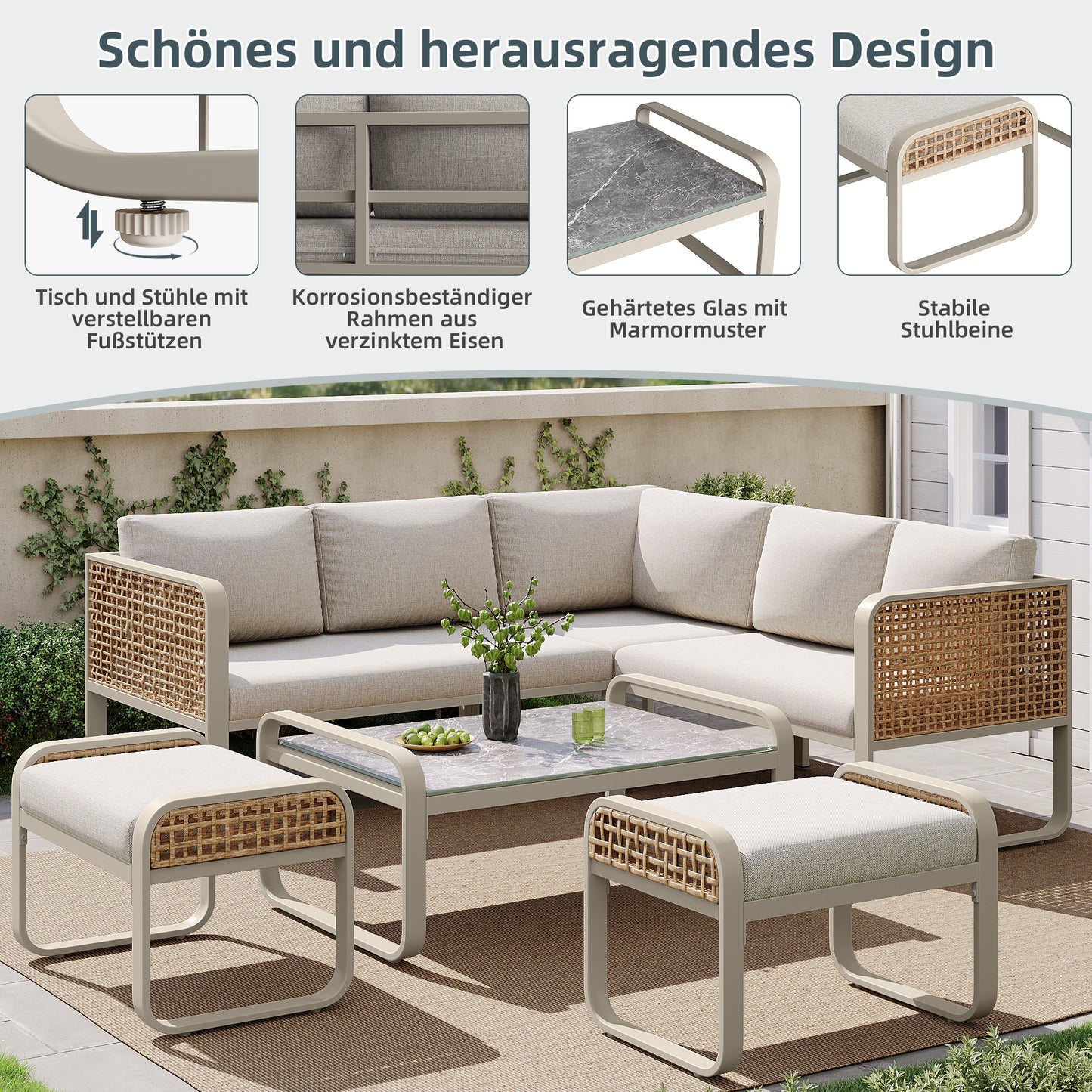 Garten-Lounge-Set, Rattan-Möbel-Set für 6-7 Personen, Ecksofa mit verzinktem Eisengestell, verstellbare Beine, inklusive aller Sitz- und Rückenkissen, beige