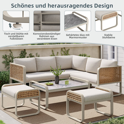 Garten-Lounge-Set, Rattan-Möbel-Set für 6-7 Personen, Ecksofa mit verzinktem Eisengestell, verstellbare Beine, inklusive aller Sitz- und Rückenkissen, beige