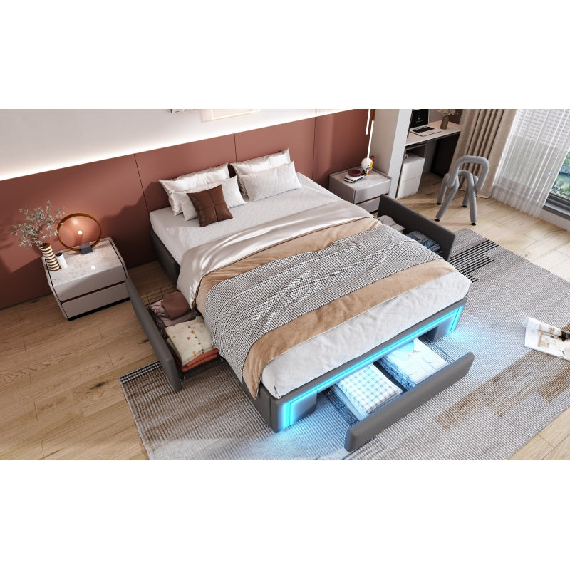 Bettgestell 140X200 mit Schubladen, PU-Leder Bett ohne Kopfteil Mit LED-Lichtleiste, MetalllattenPlattformbett für moderne Schlafzimmer Grau