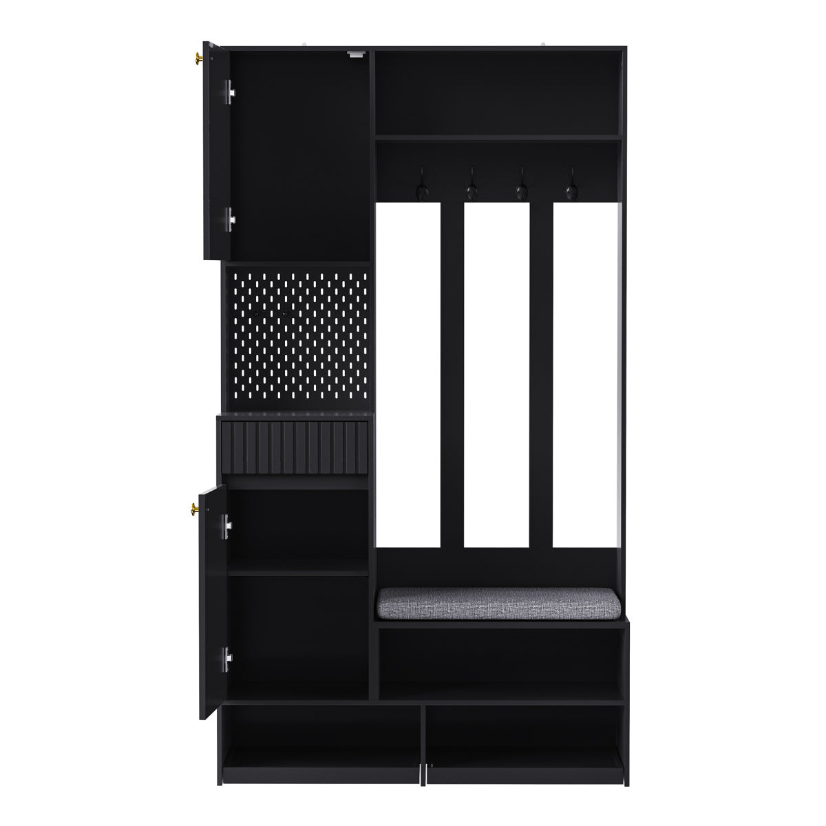 Garderobenset mit Sitzbank, Pegboard, 4 Haken, 2 Schubladen & Schrank, MDF, Schwarz, 100×35×180 cm