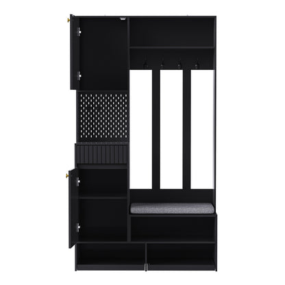Garderobenset mit Sitzbank, Pegboard, 4 Haken, 2 Schubladen & Schrank, MDF, Schwarz, 100×35×180 cm
