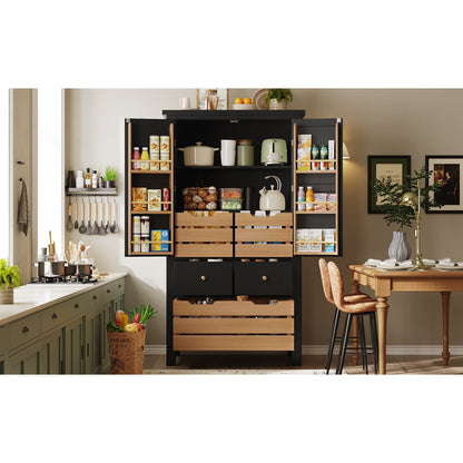 Küchenschrank 140cm hoch, Buffet-Schrank mit 2 Türen & 5 Schubladen, Mehrzweckschrank Schwarz, Sideboard Vorratsschrank mit Kippschutz, 80x40cm