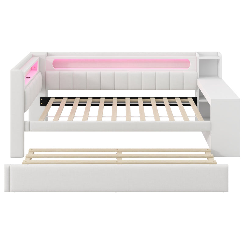 Gepolstertes 90x200 Tagesbett mit USB-Anschlüssen und LED-Gürtel, mit Ausziehbett und Schreibtisch, Weiß