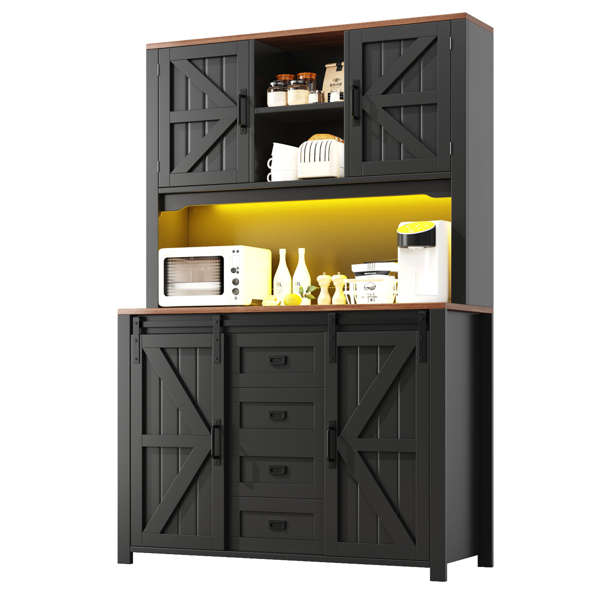 Küchenschrank 115x40x174,7cm hohes Sideboard Schwarz mit App-LED-Beleuchtung, X-Design Schiebetüren, 2 Schubladen & Magnetklappen