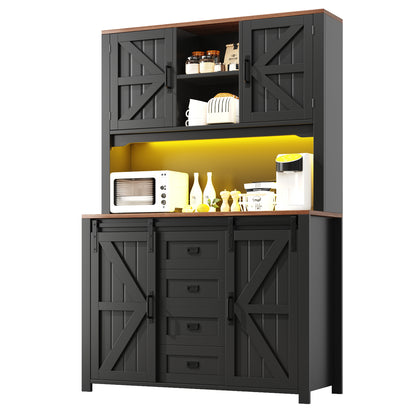 Küchenschrank 115x40x174,7cm hohes Sideboard Schwarz mit App-LED-Beleuchtung, X-Design Schiebetüren, 2 Schubladen & Magnetklappen