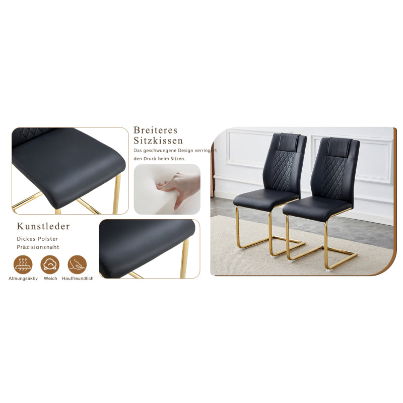 Nordischer Stil schwarzer PU Stuhl (vier Ränge in einem Paket) - Rückenlehne mit diamantförmigem Gitternäht Design, glänzend goldene Metallbeine