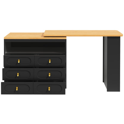 Bartisch ausziehbar 138-203cm, 360° drehbarer Stehtisch mit 6 Schubladen & Snack-Regal, moderner Küchentisch, Schreibtisch & Bar, Schwarz