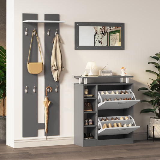 Wandgarderoben-Set 80 x 25 x 96.5 cm, inkl. Spiegel, 2 Wandpaneelen, einer Regalwand und einem Schuhschrank, Korpus anthrazitgrau matt, Flurmöbel, Flurtrockenständer, Flurgarderobe, Schuhwechsler-Set,