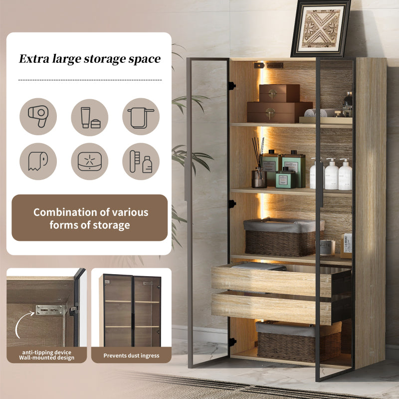 2er-Set  Badezimmerschrank, mittel, mit Lichtleiste, 73 cm breit, mit 2 großen Schubladen und 2 Türen, Glastür