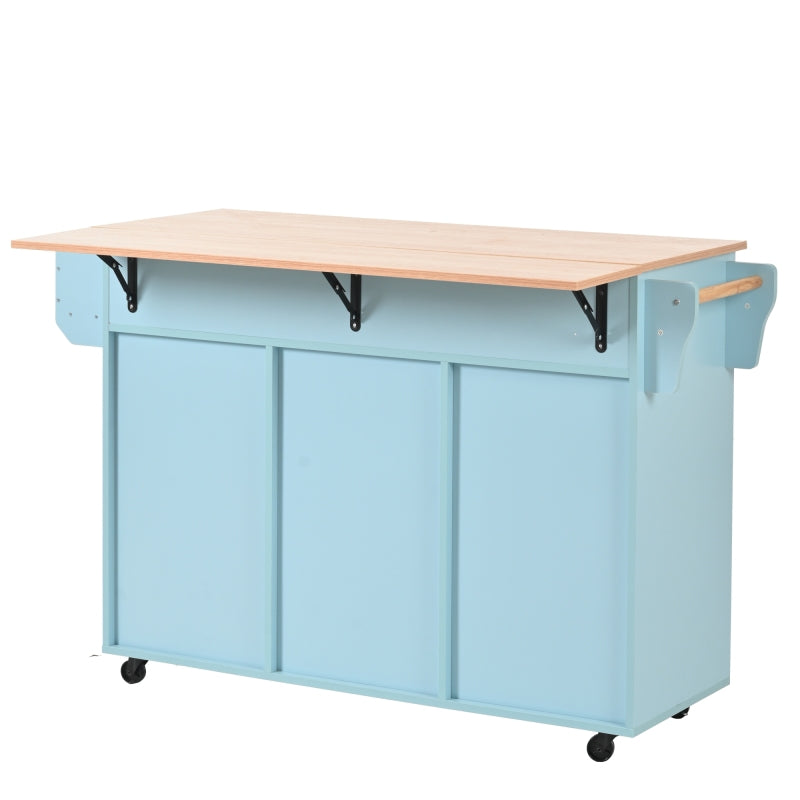 139x46(71)x91,5 cm großer Esswagen/Anrichte, Korpus Blau + Arbeitsplatte in Massivholzmaserung, klappbare Arbeitsplatte, Ablagetür, Rollen, auswechselbare Massivholzfüße, geeignet für Esszimmer, Küche