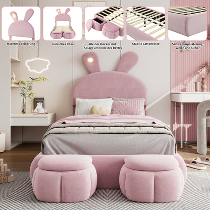 Polsterbett, Einzelbett, Hasenohren mit einstellbarer Helligkeit warmfarbenen Lichtstreifen, mit zwei Aufbewahrungshockern, Kinderbett mit Holzlatten, Samt, Rosa, 90x200cm