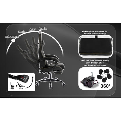 Gaming Stuhl Computerstuhl Ergonomischer Gaming Chair mit Fußstütze Bürostuhl Ergonomischer Computerstuhl mit Lendenwirbelstütze Schwarz
